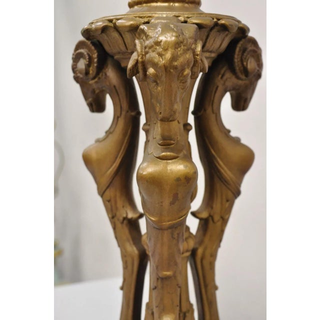 Vintage Neoclassical Style Triple Ram Goat Head Clad Gold Table Lamp For Sale - Image 4 of 12