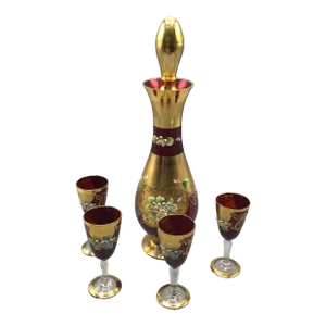 Victorian Glass Decorated Cordial Decanter and 4 Cordial Glasses by Seyei- Set of 6