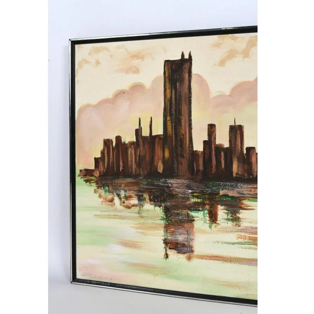 1970s Lee Reynolds Style Green and Brown Mid-Century Modern Cityscape Skyline Painting For Sale - Image 5 of 10