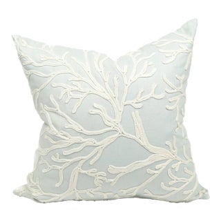 Pottery Barn Coastal Linen Pillow Pale Blue Embroidered Coral With Insert For Sale
