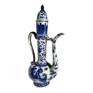 Mid 20th Century Blue & White Dragon Ewer With Yongzheng Mark – Tall Lidded Chinese Porcelain Pitcher