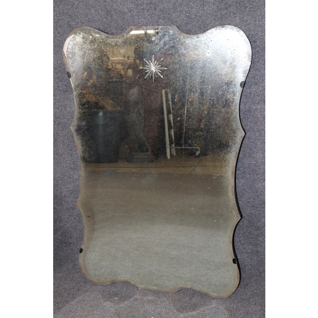 Glass Pair of Maison Jansen Style Aged Patina Mirror Etched Star Glass Mirrors For Sale - Image 7 of 10