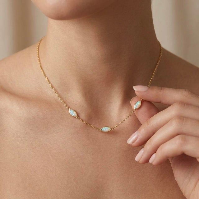 Contemporary Marquise Opal Station Necklace | 18k Gold Plated Bezel Set 3 Stone Opal Chain | Dainty Minimalist October Birthstone Layering Necklace for Her For Sale - Image 3 of 3