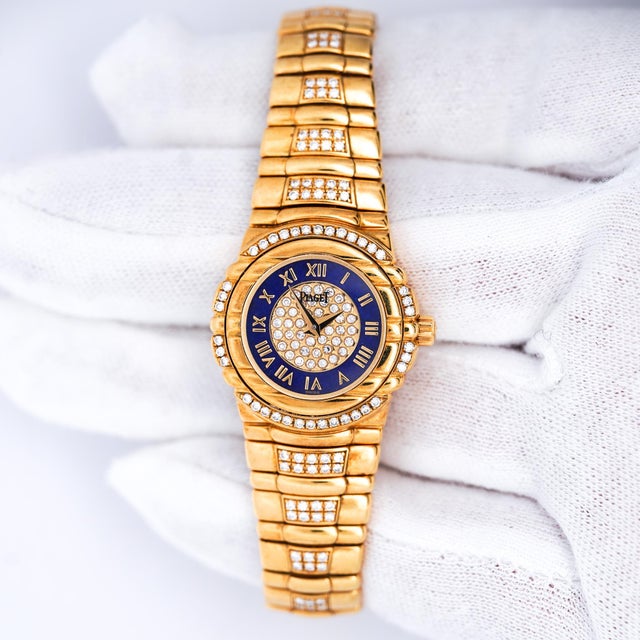 Art Deco 1980s Piaget Tanagra Lapis Lazuli Diamond 18k Gold Bracelet Vintage Watch Full Set For Sale - Image 3 of 9