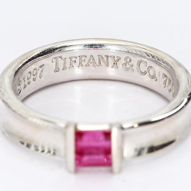 Early 21st Century 18k White Gold Tiffany & Co. Band With Two Channel Set Ruby Baguettes, Size 5.75 For Sale - Image 5 of 7