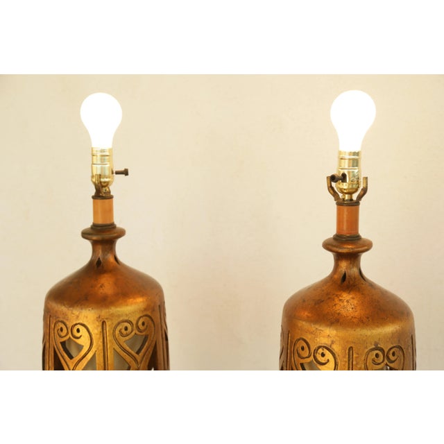 1960s 1960s Gorgeous Golden Mid-Century Brutalist Cut-Out Large Ceramic Table Lamps - A Pair For Sale - Image 5 of 17
