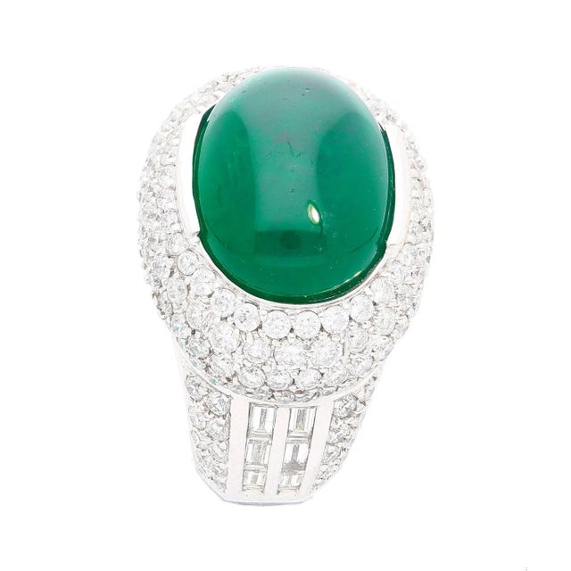 Green AGL Certified 10 Carat Cabochon Cut Minor Oil Emerald and Diamond Cluster Ring, Size 6.25 For Sale - Image 8 of 12