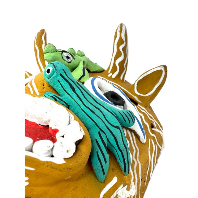 1980s Mustard-Colored Clay Devil/Diablito Mask From Ocumicho - 8" H X 7" W X 4" D For Sale - Image 5 of 8