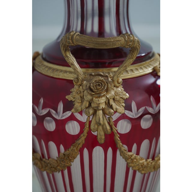 Bronze Pair Palatial Bohemian Cut to Clear Crystal Bronze Urns For Sale - Image 8 of 12
