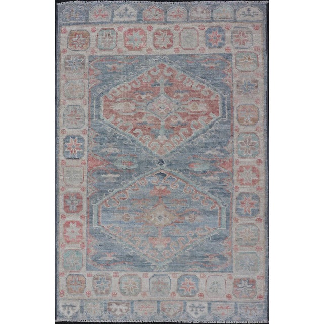 Medallion Designed Modern Oushak With Light Blue Background and Cream Border Rug For Sale - Image 12 of 12
