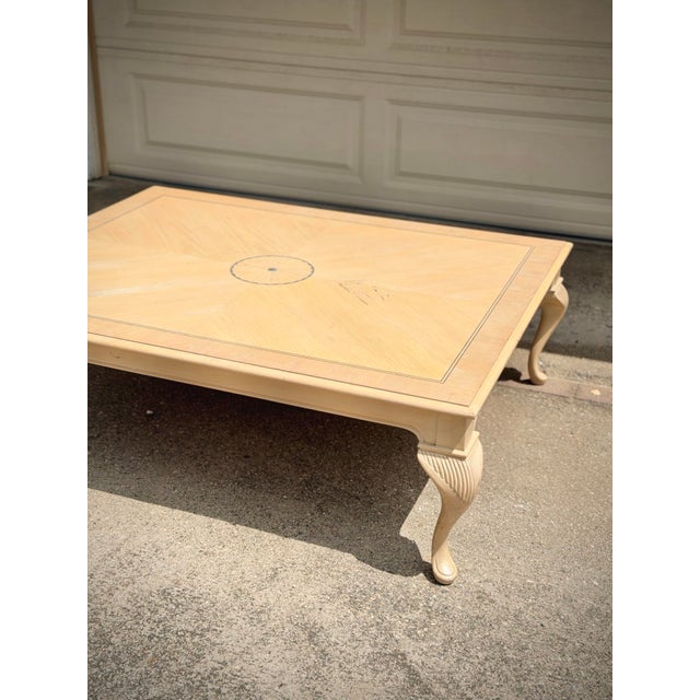 Wood Oversized Vintage Pickled Cherry Inlaid Coffee Table With Cabriole Legs For Sale - Image 7 of 11