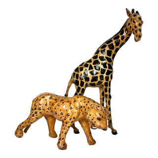 1970s Vintage Safari Boho Chic Italian Leather Wrapped Giraffe and Leopard Figurals - A Pair For Sale