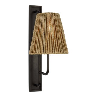 Amber Lewis for Visual Comfort Signature Rui Tall Sconce in Aged Iron with Natural Abaca Shade For Sale