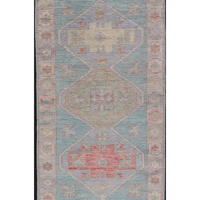 Modern Modern Small Oushak Runner With Teal-Blue Background and Medallion Motif For Sale - Image 3 of 11