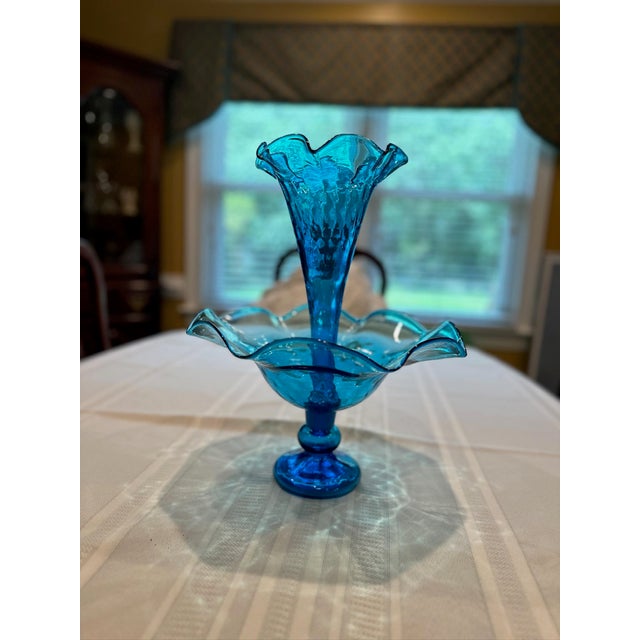 Early 20th Century Fenton Blue Art Glass Ruffled Epergne Trumpet Vase For Sale - Image 10 of 10