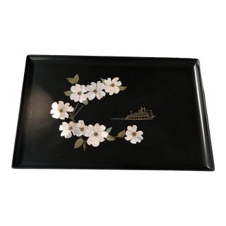 Vintage Mid-Century Modern Large Couroc Turqoise & Brass Inlaid Dogwood Blossom Bar Tray C. 1950s-1960s For Sale