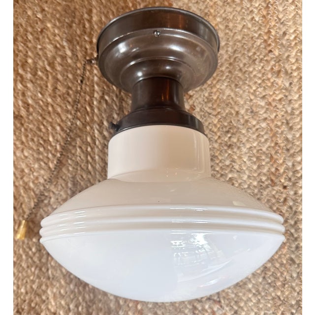 1930s Art Deco Flushmount on Original Holder With Pull Chain Switch Present For Sale - Image 4 of 5