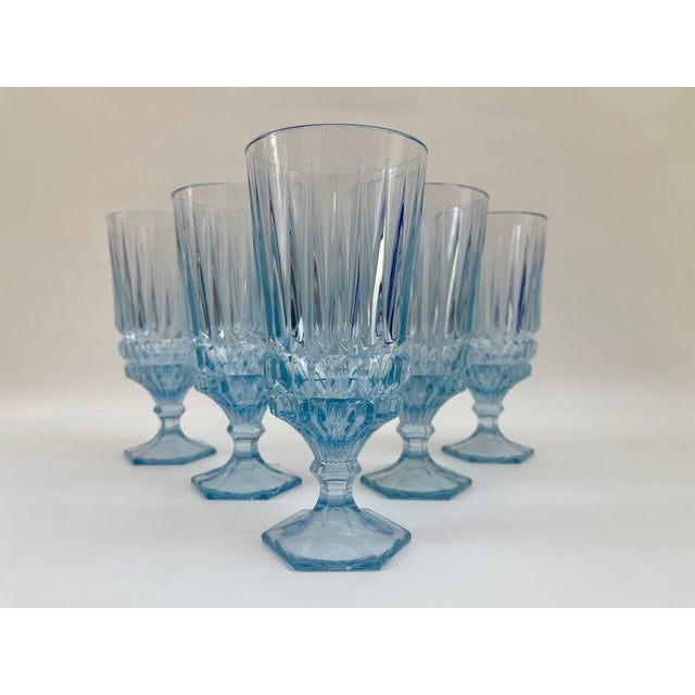 Paris Blue Vintage Water Stemmed Goblets - Set of 5 For Sale In Boston - Image 6 of 8