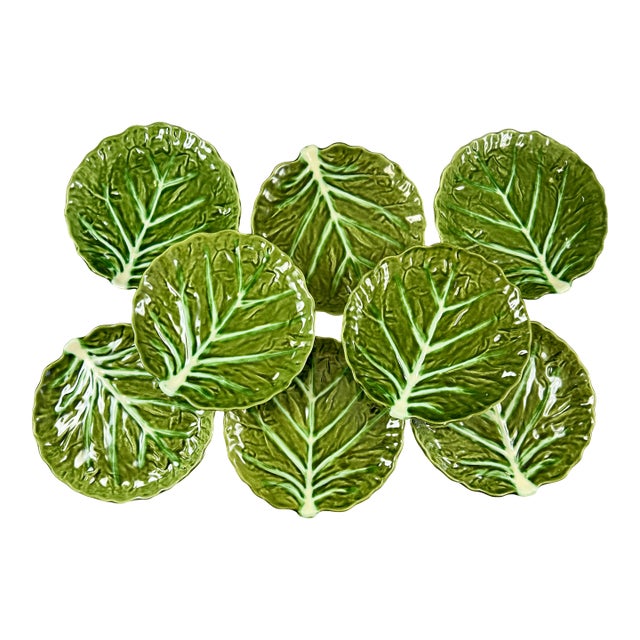 Portuguese Belo Olive Green Cabbage Leaf Plates, S/8 – 1930-1950 For Sale