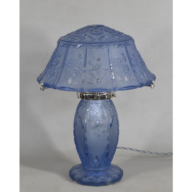 Pierre d'Avesn for Lorrain A rare French art deco mushroom lamp in blue toned pressed glass made around 1930. The lamp was...