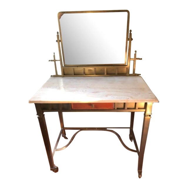 Early 20th Century Antique French Art Nouveau Solid Bronze Vanity Dressing Table With Marble Top & Mirror For Sale