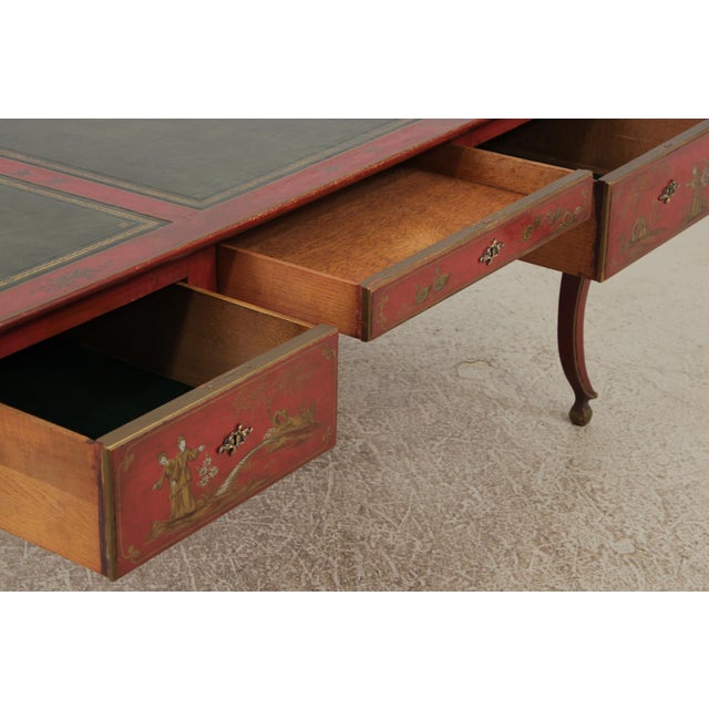 Baker 3 Drawer Chinoiserie Style Leather Top Desk Bureau Plat For Sale In Philadelphia - Image 6 of 17
