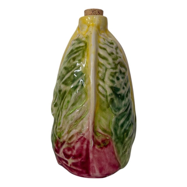 Vintage Peasant Village (Pv) Italy Hand-Painted Ceramic Cabbage and Lettuce-Leaf Oil and Vinegar Bottle/Decanter For Sale
