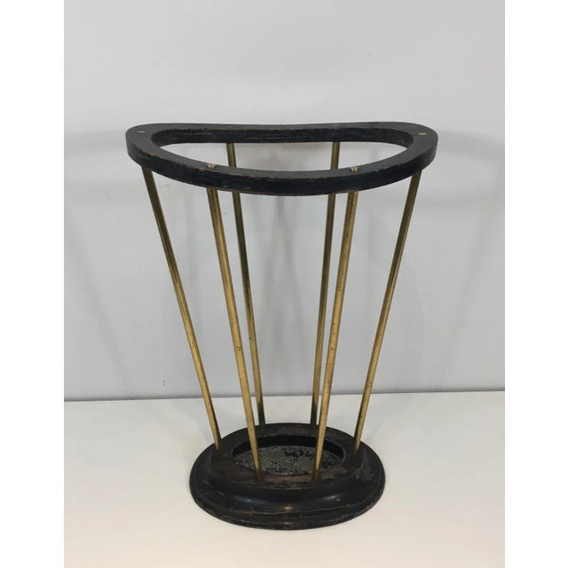 Attributed to Jacques Adnet, Ebonized Wood and Brass Umbrella Stand For Sale - Image 6 of 13