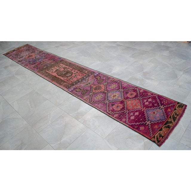 Textile Hand-Knotted Turkish Runner Rug . Low Pile Full Tribal Design Narrow Runner Rug 2′2″ × 13′4″ For Sale - Image 7 of 16