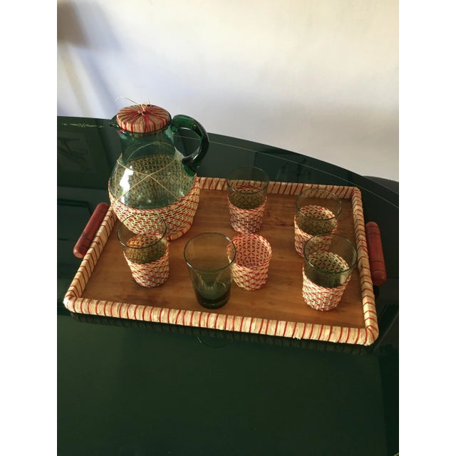 Mid-Century Modern Mid-Century Green Table Glass Set with Beige & Red Raffia Weave Handles and Base, Set of 7 For Sale - Image 3 of 11