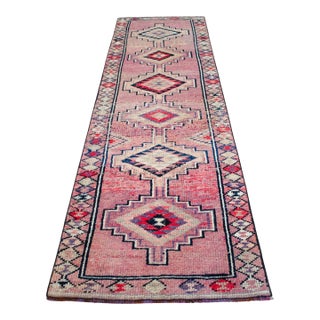 1960s Runner Rug Turkish Hand-Knotted Rug Pink Hallway Decor Kitchen Runner 3x10 Ft Approx For Sale