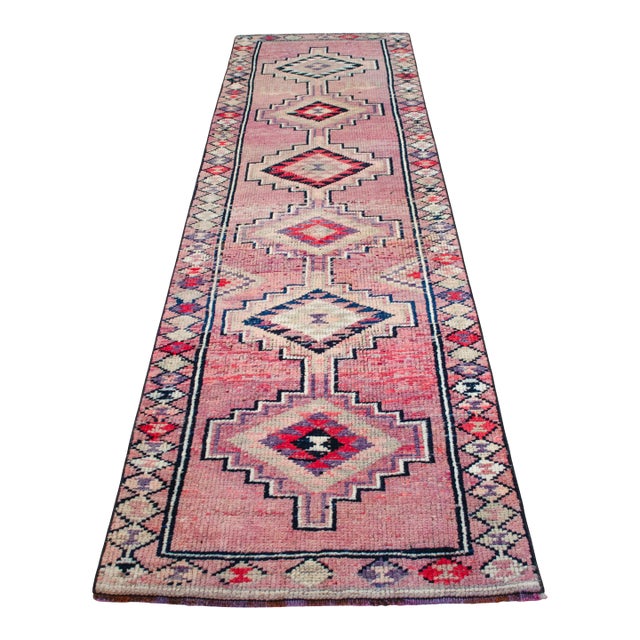 1960s Runner Rug Turkish Hand-Knotted Rug Pink Hallway Decor Kitchen Runner 3x10 Ft Approx For Sale