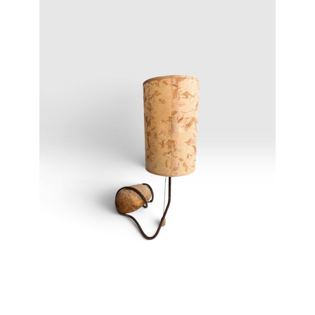 Metal Vintage Mid-Century Modern Sculptural Natural Stone & Wrought Iron Table Lamp With Fibrous Shade For Sale - Image 7 of 10