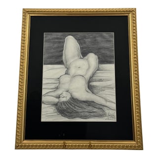 Vintage 1994 Signed Female Nude Charcoal Drawing Gold Gilt Frame For Sale