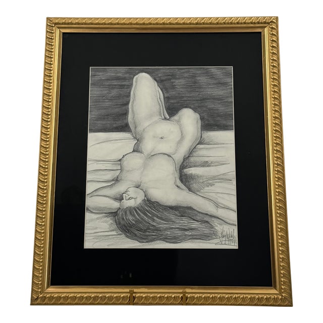 Vintage 1994 Signed Female Nude Charcoal Drawing Gold Gilt Frame For Sale