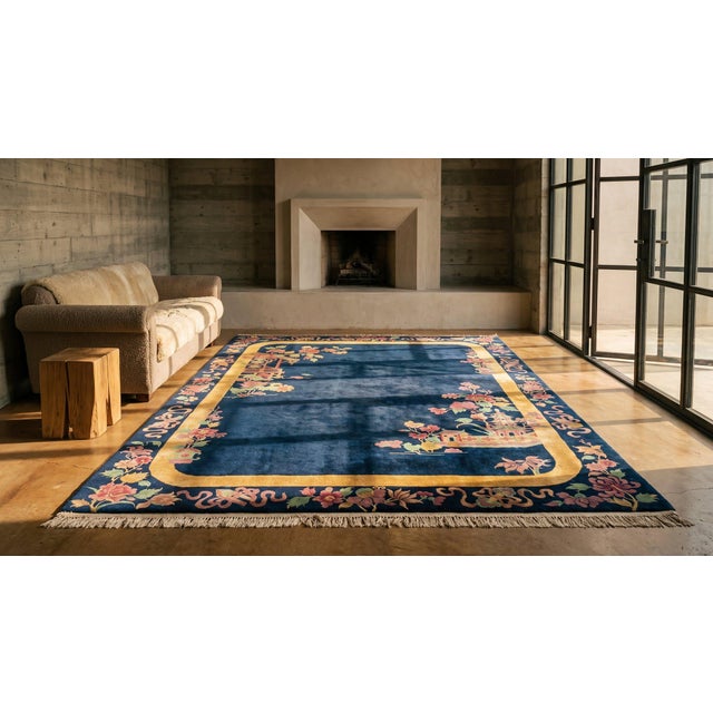 Pretty Navy Background Color With Flowers Border in a Chinoiserie Pattern Antique Chinese Art Deco Rug For Sale In New York - Image 6 of 8