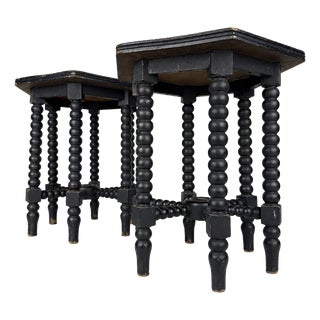 Small Antique Early 20th Century Hexagonal Walnut Side Tables with Turned Bobbin Legs, Italy, Set of 2 For Sale