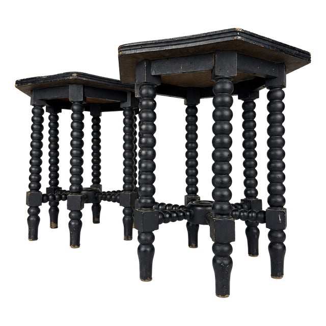 Small Antique Early 20th Century Hexagonal Walnut Side Tables with Turned Bobbin Legs, Italy, Set of 2 For Sale