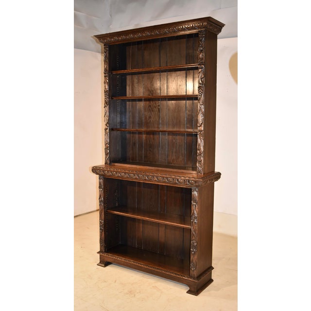 Victorian 19th Century English Oak Tall Carved Bookcase For Sale - Image 3 of 10