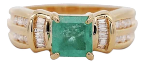 1.47 Carat Emerald With Round & Baguette Cut Diamond 14k Gold Statement Ring Size 7.75
