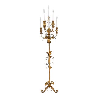 Vintage Gold Gilt Metal Candelabra Floor Lamp For Sale