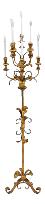 Vintage Gold Gilt Metal Candelabra Floor Lamp