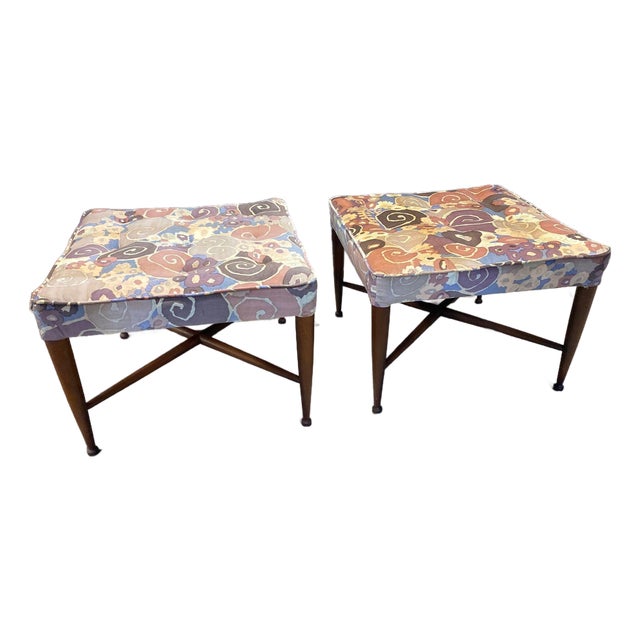1950s A Pair of Thebes Stools Attributed to Dunbar in Jack Lenor Larsen Samarkand Velvet For Sale