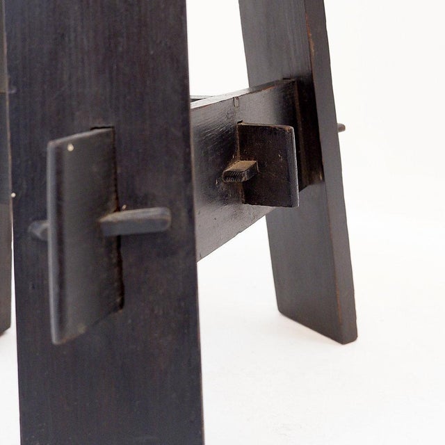 Wood Vintage Black-Stained Wooden Tripod Stool with Tenon Joints For Sale - Image 7 of 13