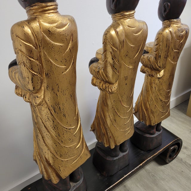 Set of Three Large Carved Gilt Thai Monks on Scroll Base, Late 20th Century For Sale - Image 11 of 14
