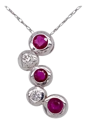 14kt Gold Ruby and Diamond Necklace Having 3 Rubies and 2 Round Diamonds
