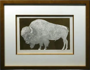 "Bison Etude Noah" Contemporary Original Pen and Ink Drawing by Guillaume Azoulay, Framed