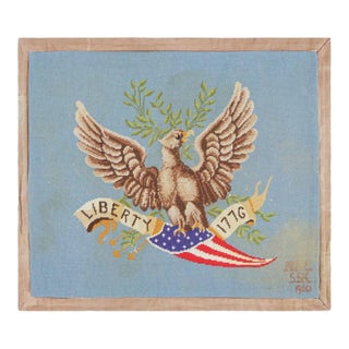 1960s Signed Vintage American Needlepoint and Blue Pictorial Rug For Sale