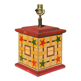 Vintage Folk Art Game Board Painted Wood Table Lamp For Sale