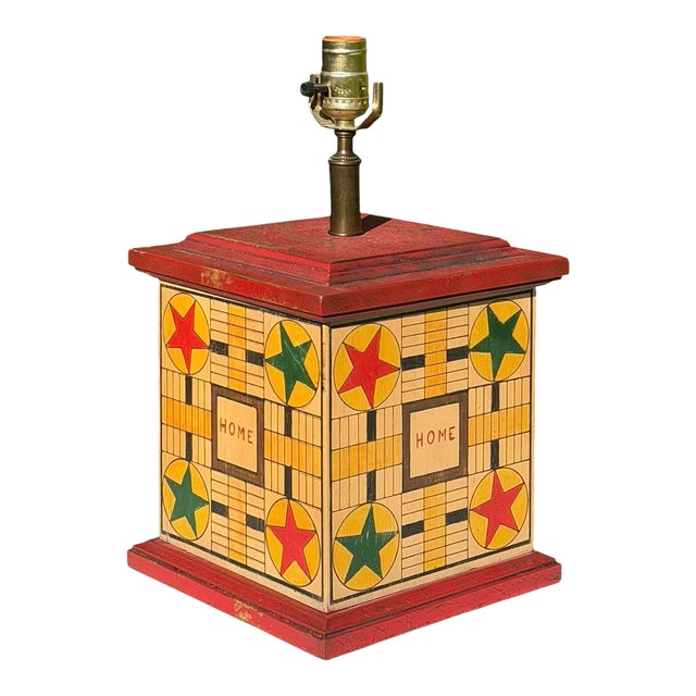 Vintage Folk Art Game Board Painted Wood Table Lamp For Sale
